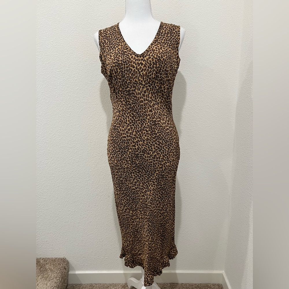 VTG Maje Paris Leopard Print Midi Dress Ruffle Hem V Neck Sleeveless Brown Sz L
